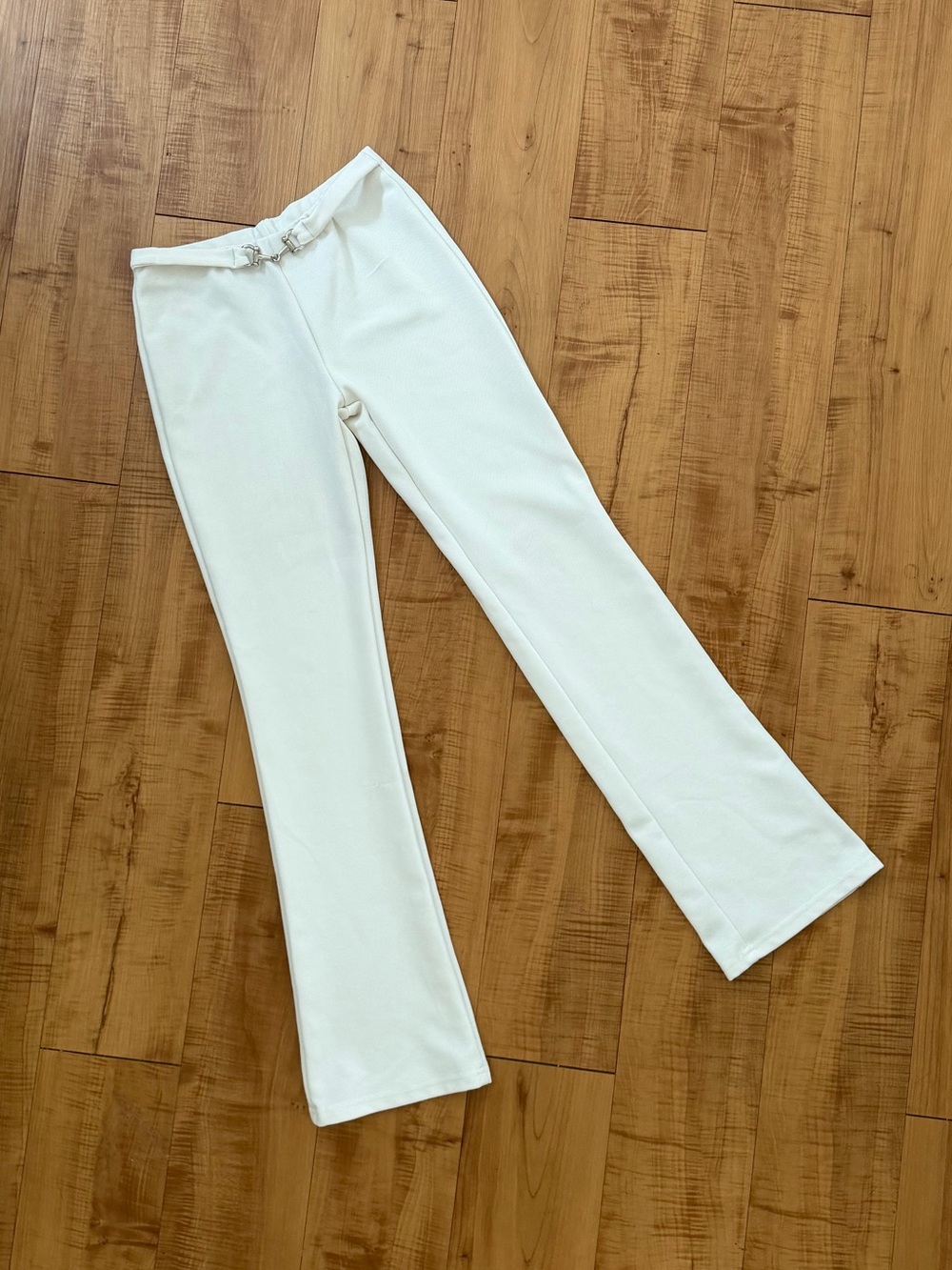 Vintage White Stretch Belted Flare Knit Pants 90’s Silver Horsebit Size Small